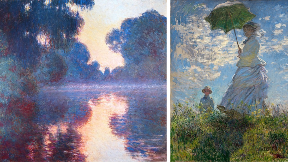 Клод Моне: слева "Туманное утро на Сене в Буэ", 1897, справа "Прогулка. Женщина с зонтиком", 1875. Фото: artchive